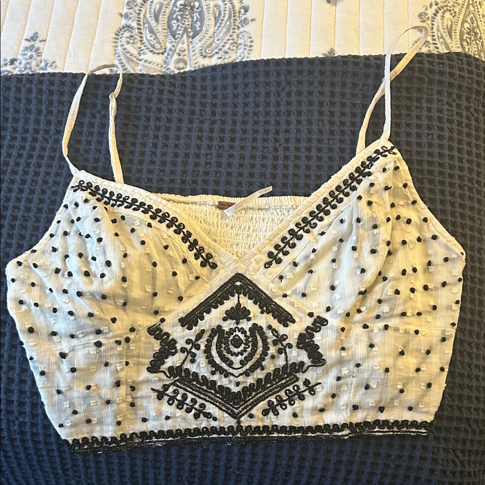Free People White Cropped Embroidered Cami with Black Detailing and beads
